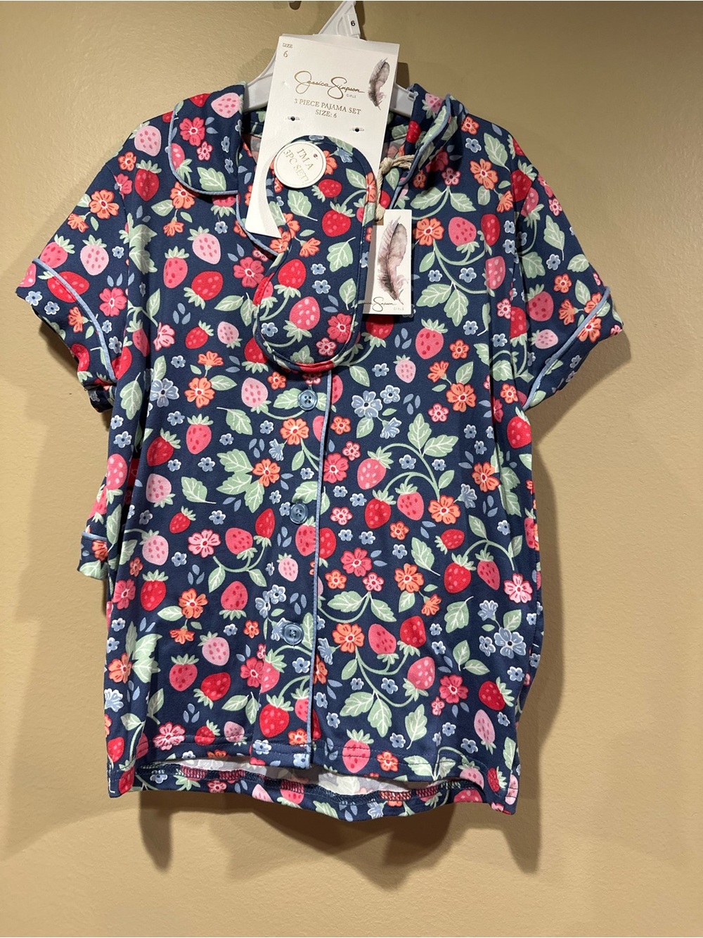 Jessica Simpson Navy Strawberry Print Button-Front Short Sleeve Top